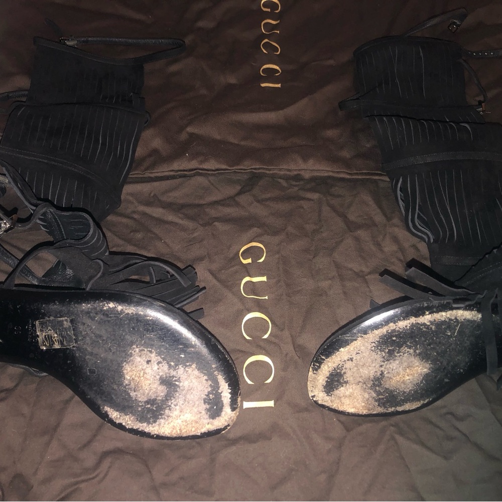 Gucci Becky Tall Fringe Black Gladiator Sandals 38 - Picture 5 of 7